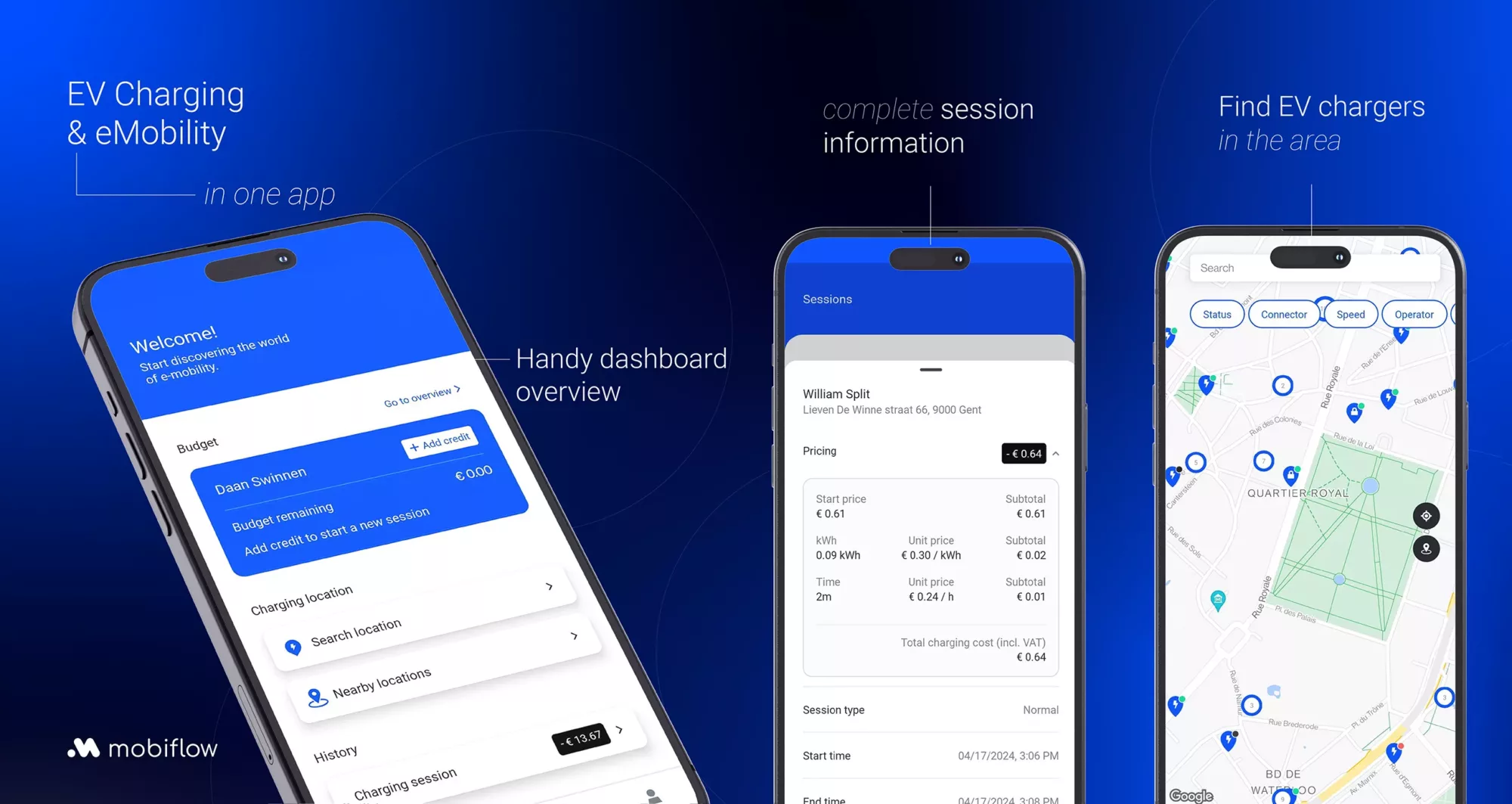 Trois écrans du tableau de bord de l'application Mobiflow, des détails et des allocations de palette sur une carte.